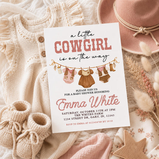 Pink Western Cowgirl Baby Shower Invitation, Rustic Howdy Party Invite