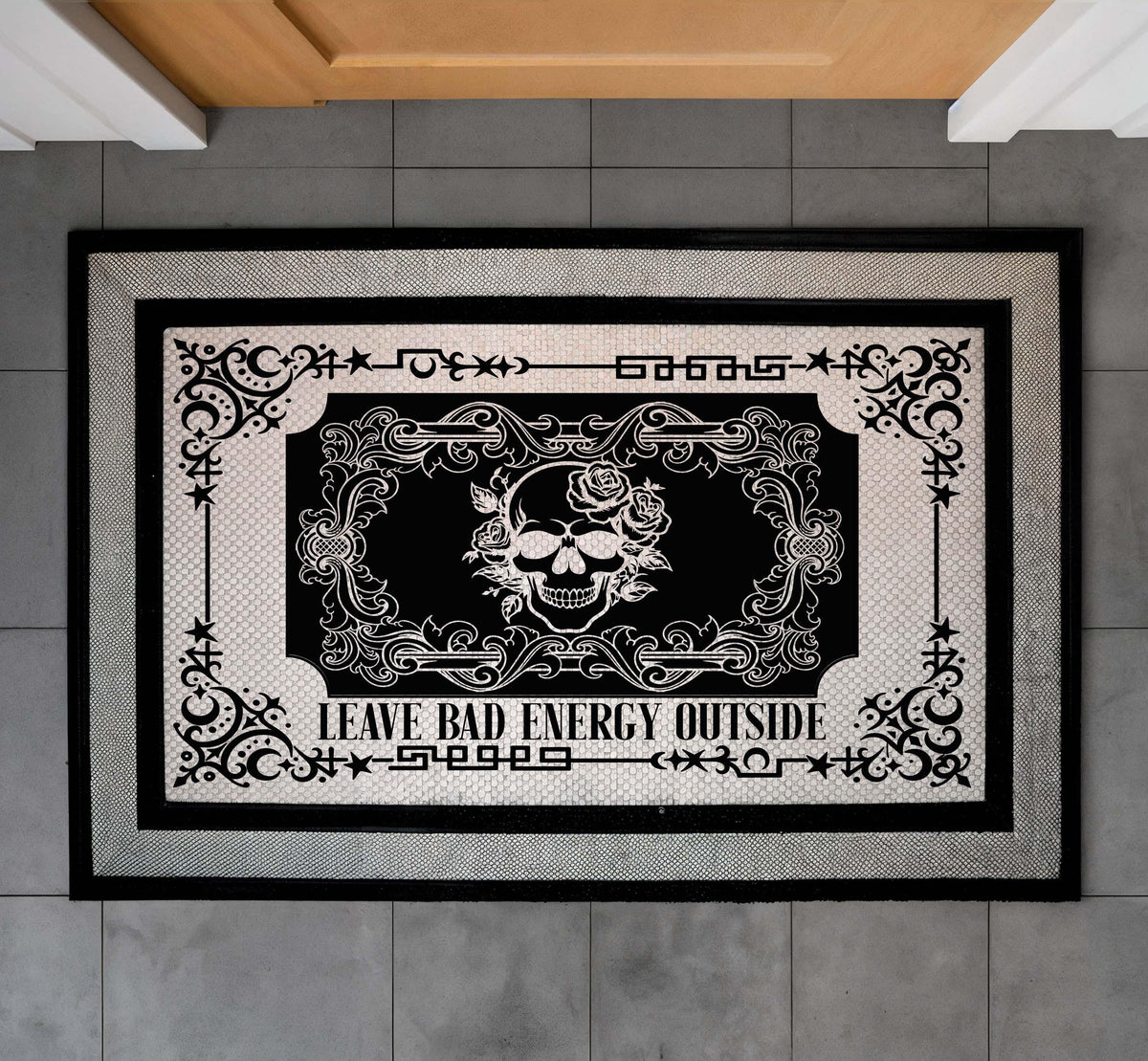 Skull Gothic Doormat, Leave Bad Energy Outside Welcome Mat