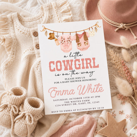 Pink Western Baby Shower Invitation, Little Cowgirl On The Way, Personalized Printed Invites