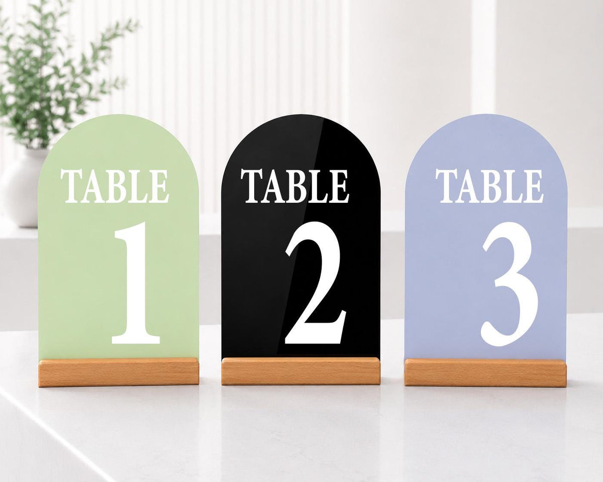 Custom Arch Acrylic Table Numbers with Wood Stand, Modern Reception Seating Decor