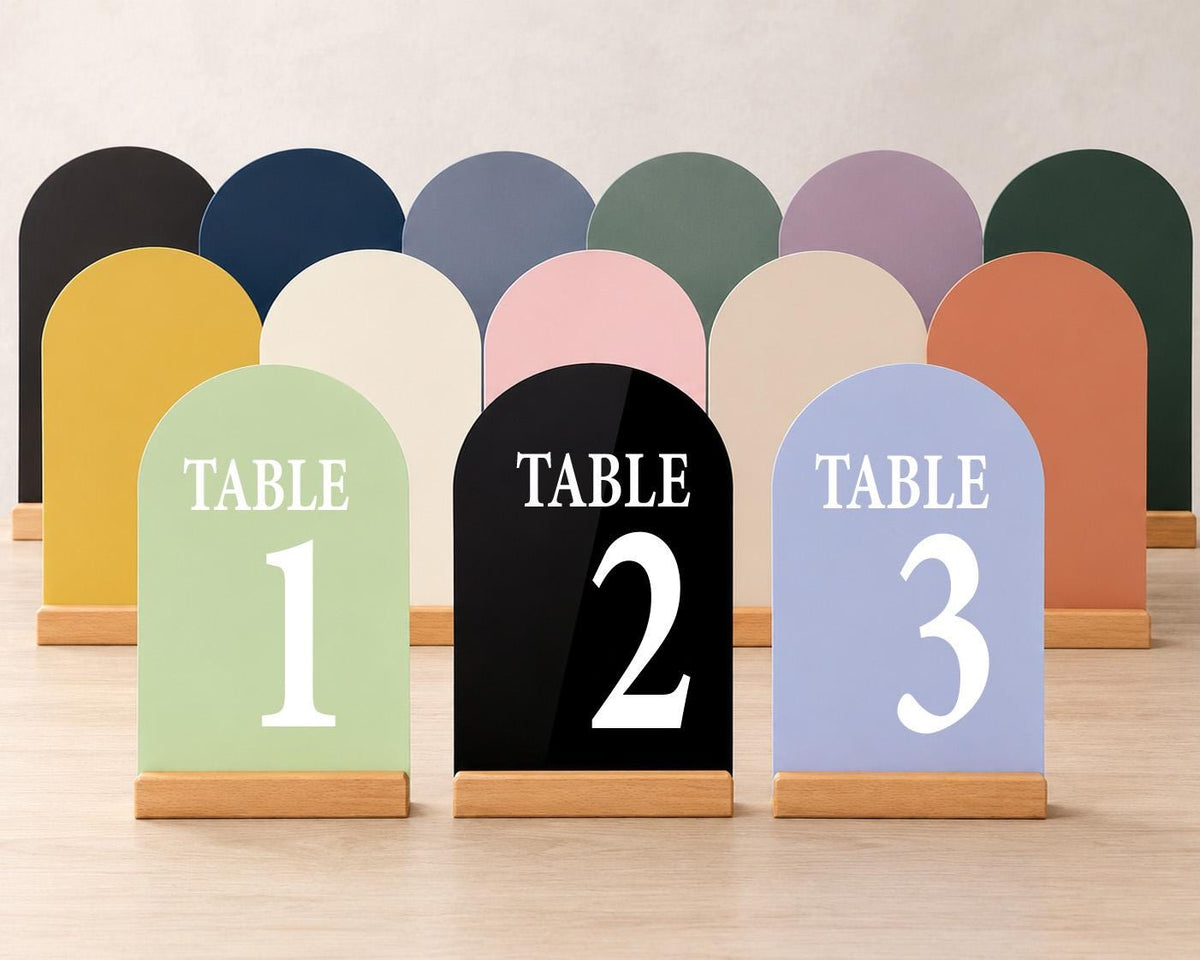 Custom Arch Acrylic Table Numbers with Wood Stand, Modern Reception Seating Decor