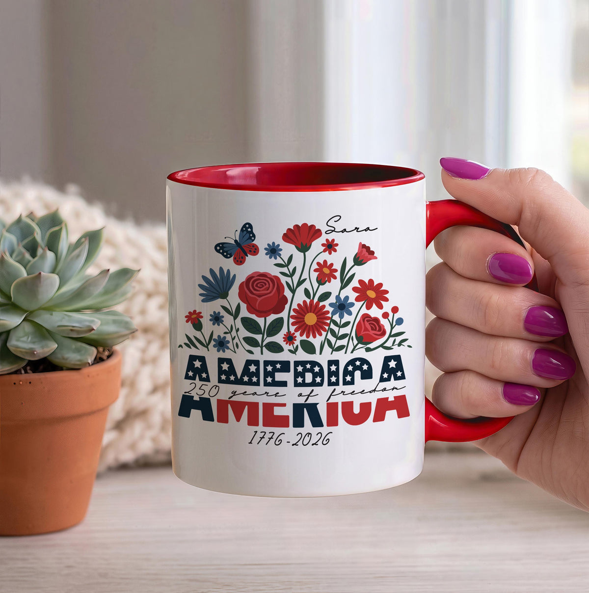 Custom Name 250 Years of Freedom Coffee Mug, Personalized Patriotic Wildflower Ceramic Cup