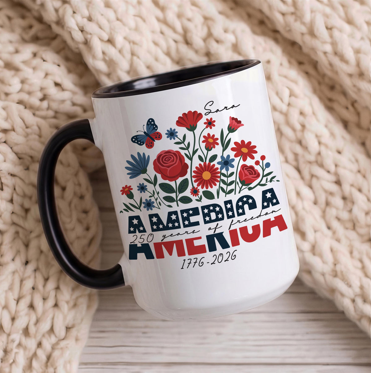 Custom Name 250 Years of Freedom Coffee Mug, Personalized Patriotic Wildflower Ceramic Cup