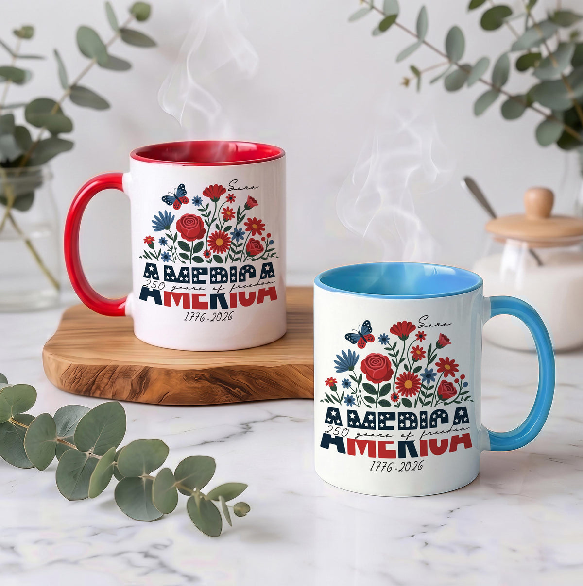 Custom Name 250 Years of Freedom Coffee Mug, Personalized Patriotic Wildflower Ceramic Cup