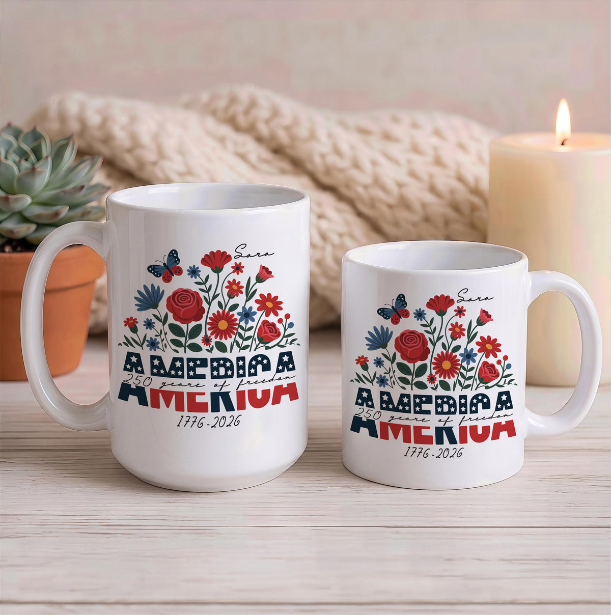 Custom Name 250 Years of Freedom Coffee Mug, Personalized Patriotic Wildflower Ceramic Cup
