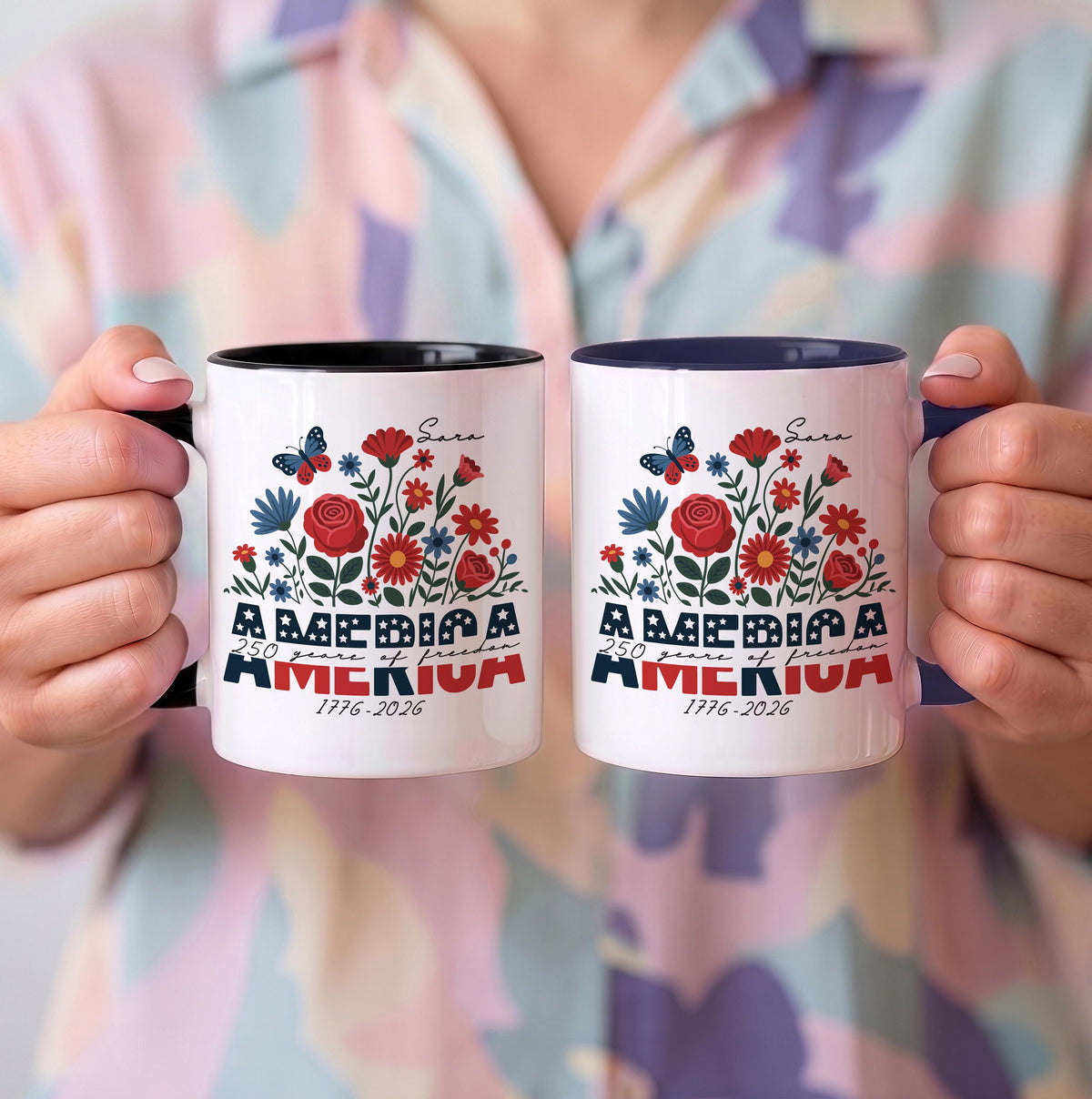 Custom Name 250 Years of Freedom Coffee Mug, Personalized Patriotic Wildflower Ceramic Cup