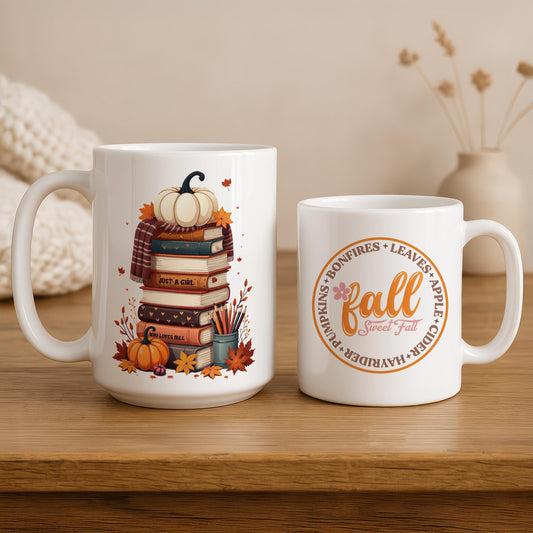 Just A Girl Who Loves Fall Ceramic Mug, Cozy Fall Theme Bookworm Gift
