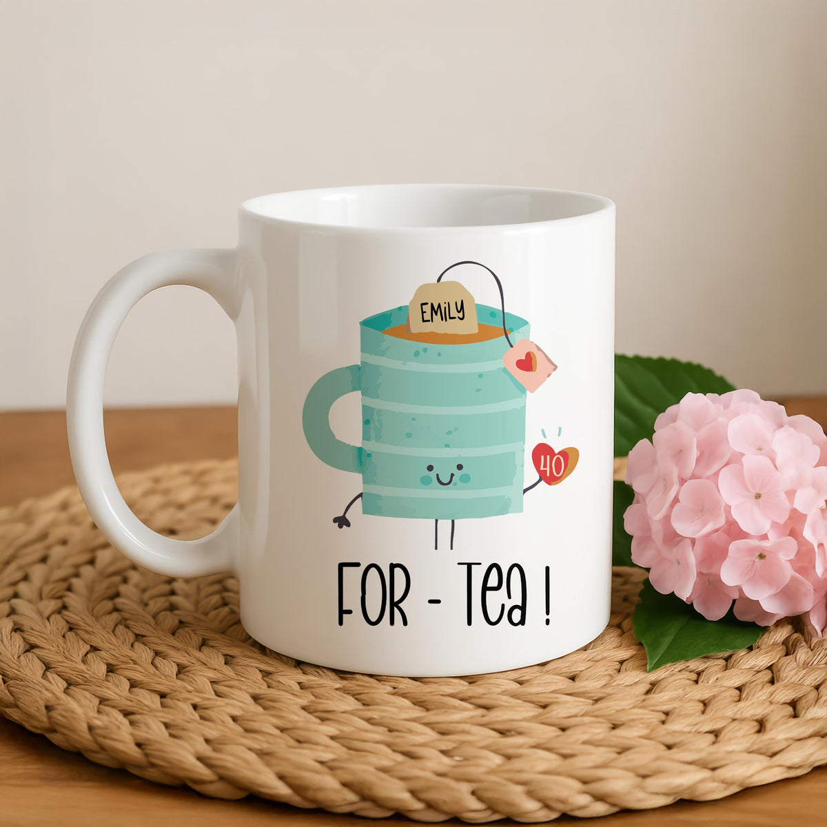 Personalized For-Tea Ceramic Mug, 40th Birthday Gift For Her, Birthday Pun Pottery Tea Cup