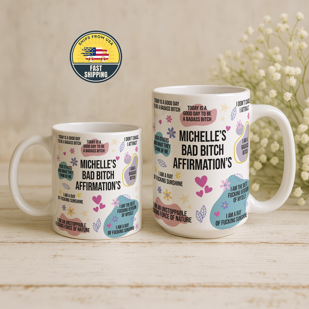 Custom Bad Bitch Affirmations Mug, Mental Health Awareness Cup, Daily Affirmations Mug