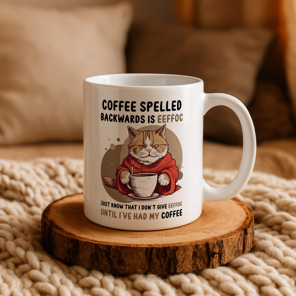Coffee Spelled Backwards Is Eeffoc Cup, Funny Cat Coffee Mug, Cute Pet Ceramic Cup