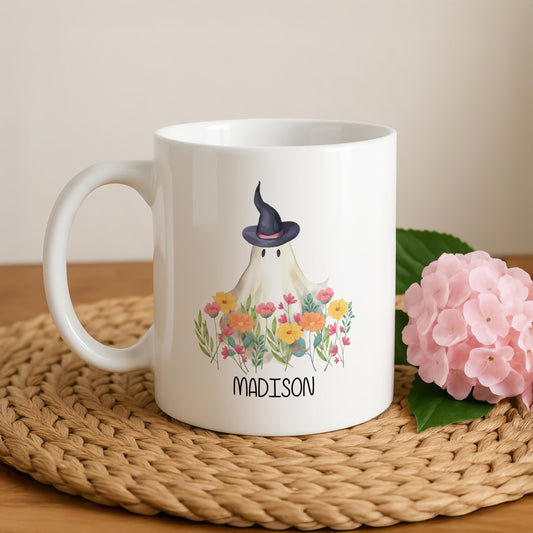 Personalized Floral Ghost Coffee Mug, Cottage Core Halloween Gift