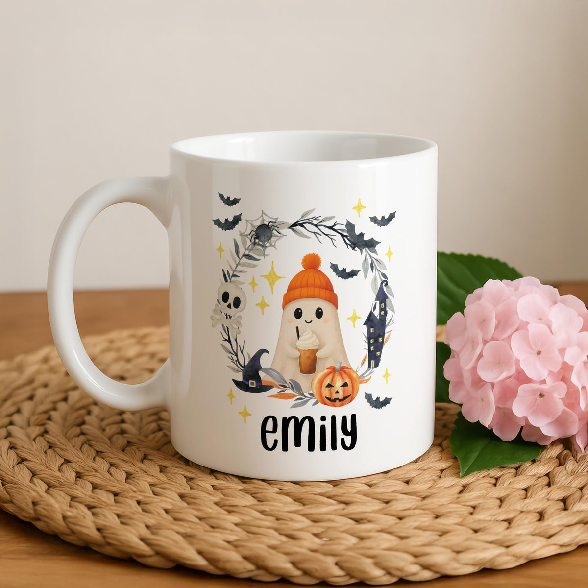 Customizable Orange Hat Ghost Ceramic Cup, Cute Halloween Drinkware
