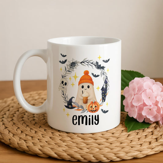 Customizable Orange Hat Ghost Ceramic Cup, Cute Halloween Drinkware