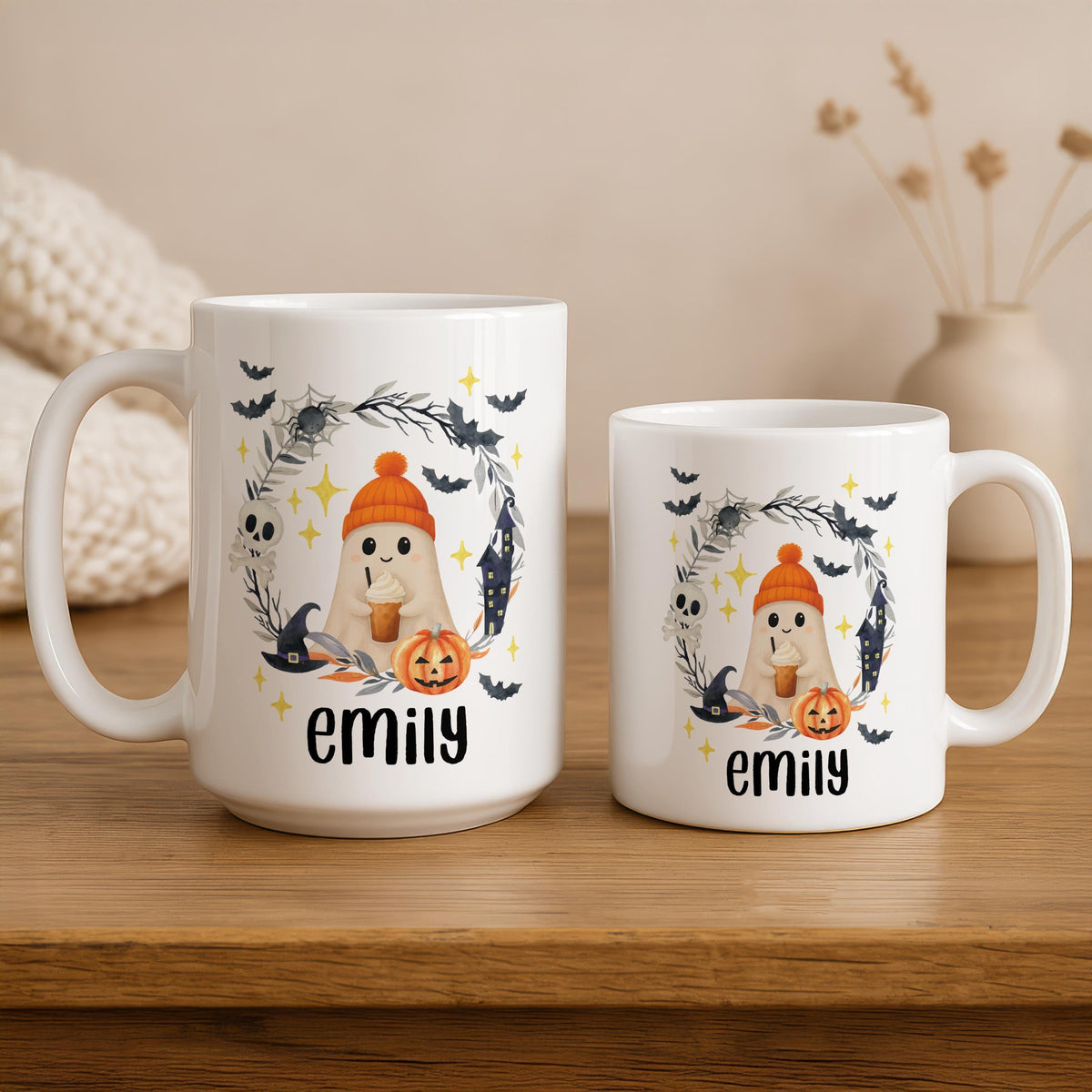 Customizable Orange Hat Ghost Ceramic Cup, Cute Halloween Drinkware