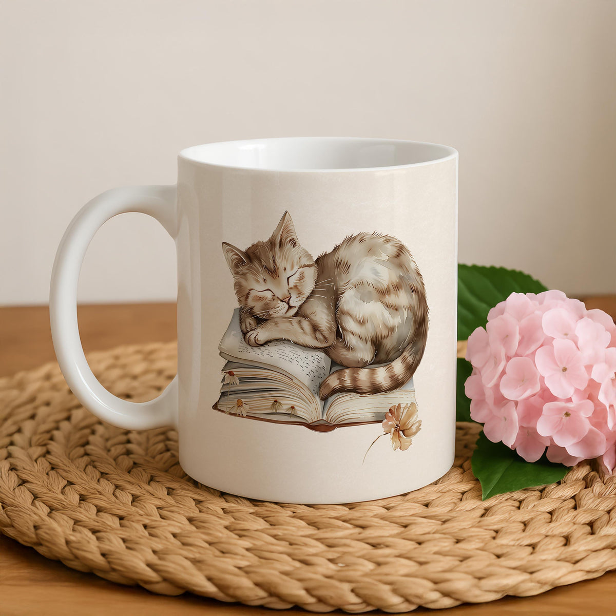 Cat Sleeping On Book Designed Ceramic Mug, Cozy Reading Theme Coffee Mug