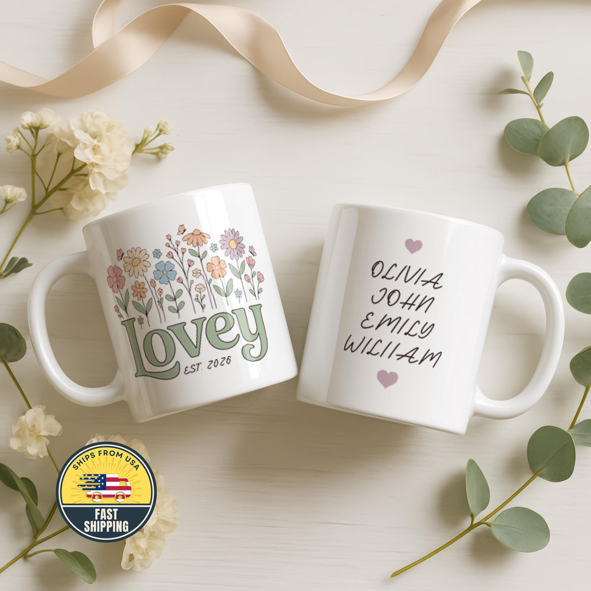 Custom Floral Lovely Mug, Custom Coffee Cup For Family, Personalized Mug With Children Names