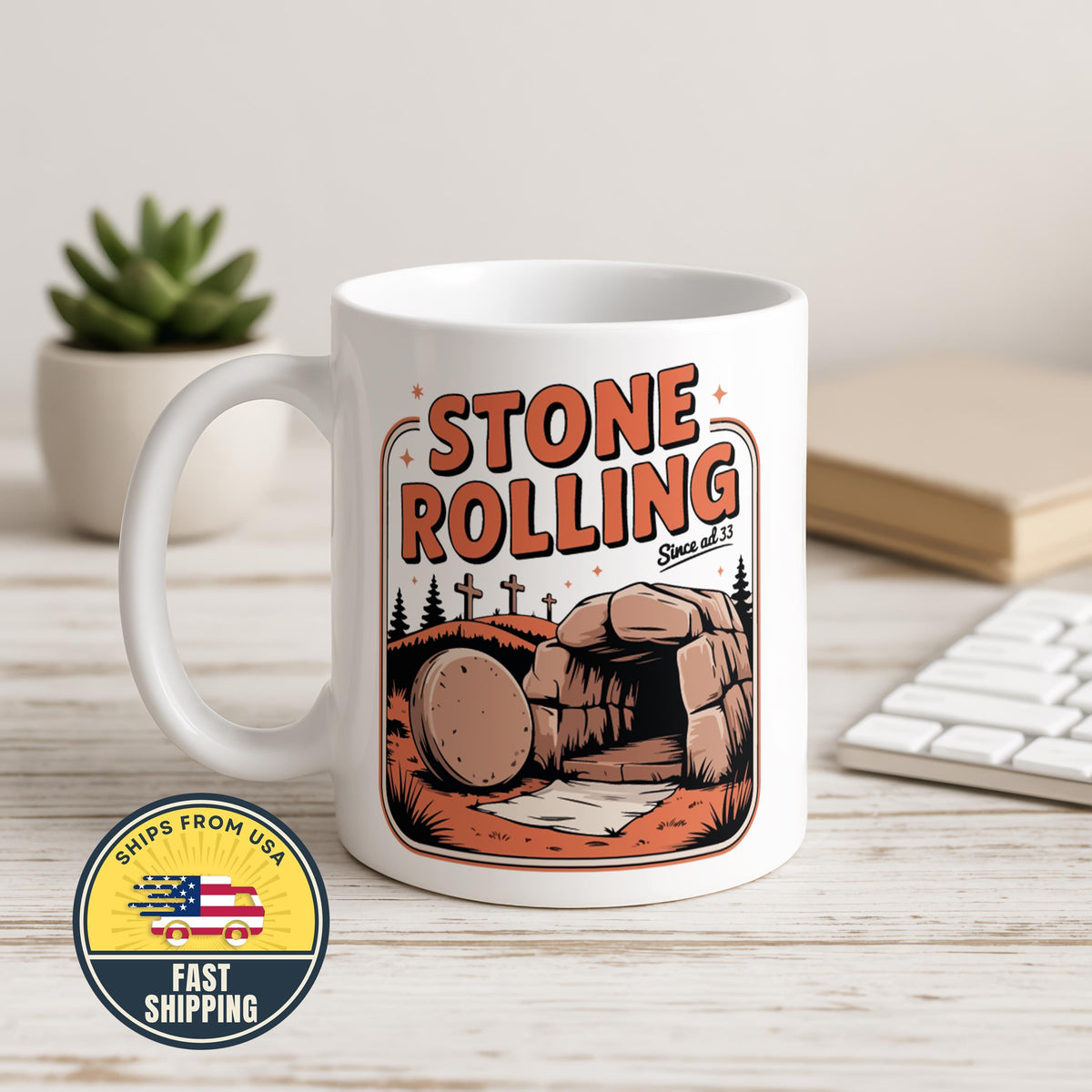Stone Rolling Coffee Mug, Faith Coffee Mug, Biblical Humor Mug, Christian Easter Coffee Cup