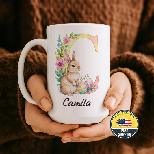 Custom Floral Alphabet Easter Ceramic Mug, Personalized Easter Bunny Initial Letter Cup