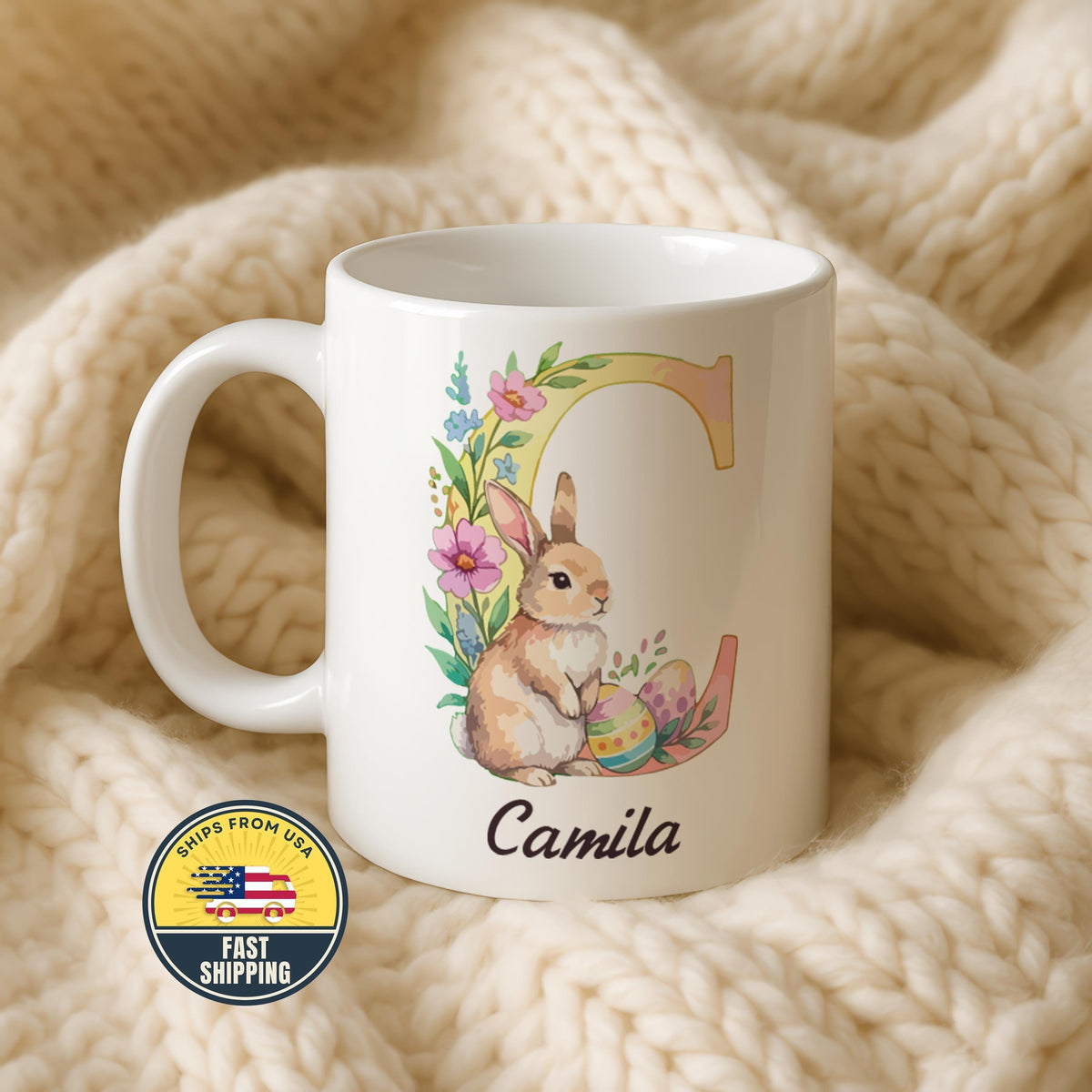 Custom Floral Alphabet Easter Ceramic Mug, Personalized Easter Bunny Initial Letter Cup