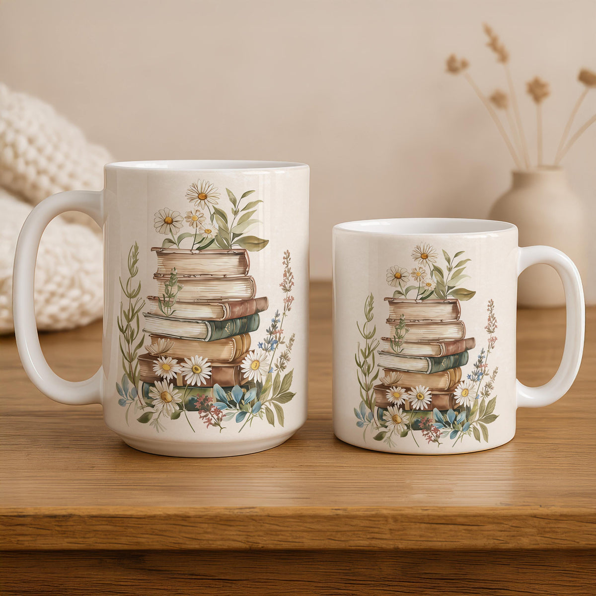 Vintage Looking Book Enthusiast Gift Coffee Cup, Daisy Flowers Book Lover Ceramic Mug