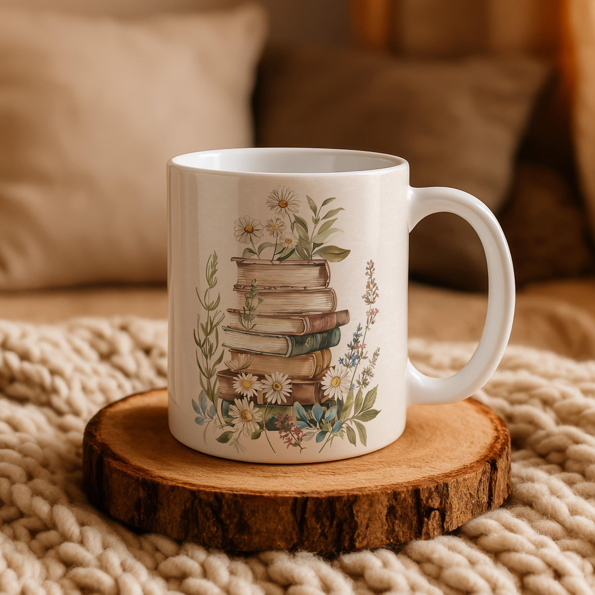 Vintage Looking Book Enthusiast Gift Coffee Cup, Daisy Flowers Book Lover Ceramic Mug