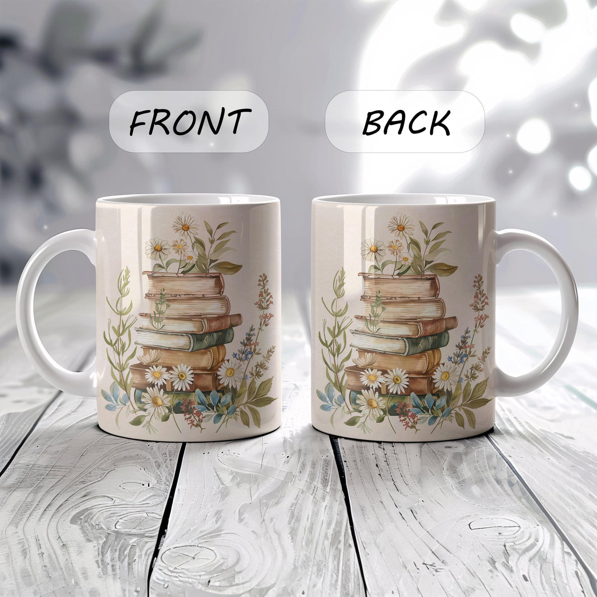 Vintage Looking Book Enthusiast Gift Coffee Cup, Daisy Flowers Book Lover Ceramic Mug