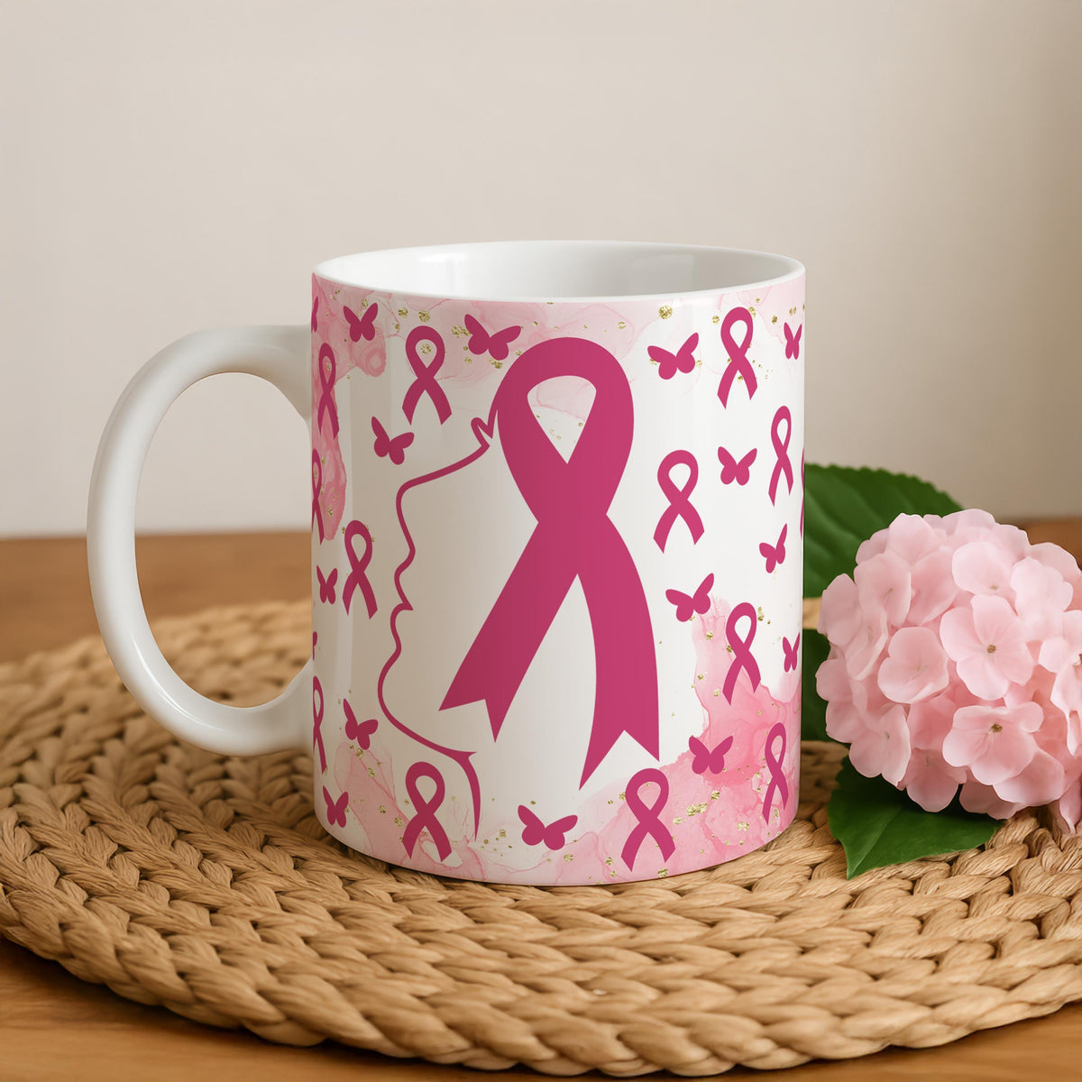 Breast Cancer Awareness Mug, Cute Pink Ribbon Survivor Gift Ceramic Cup