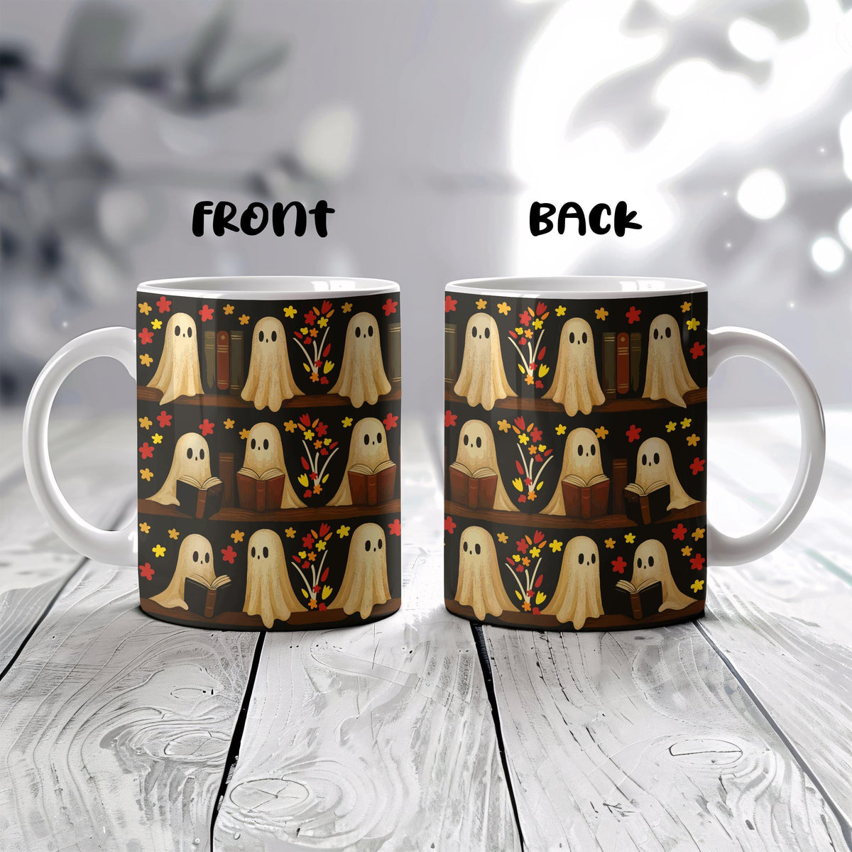 Custom Name Bookworm Ghost Ceramic Cup, Floral Ghost Design Coffee Mug