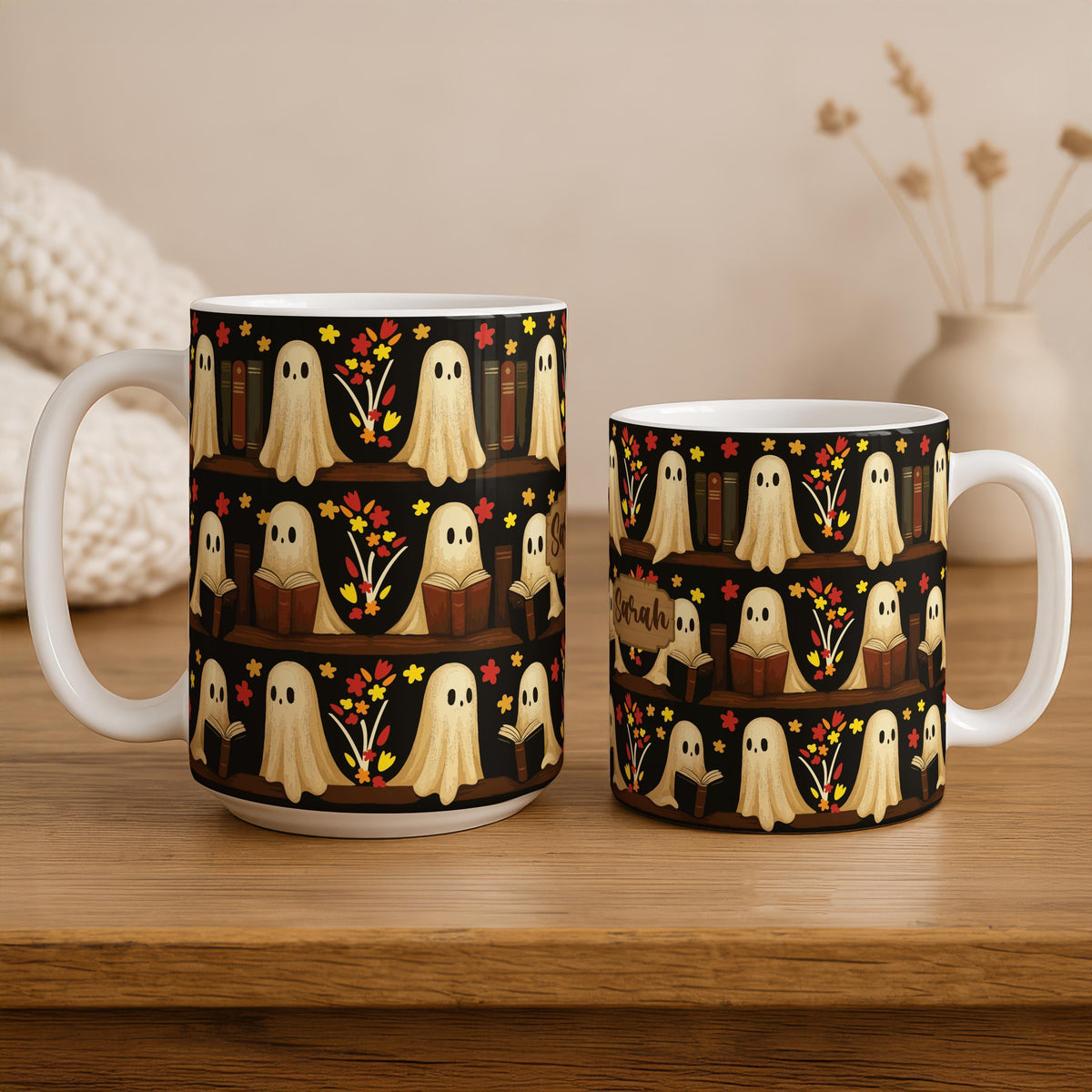 Custom Name Bookworm Ghost Ceramic Cup, Floral Ghost Design Coffee Mug