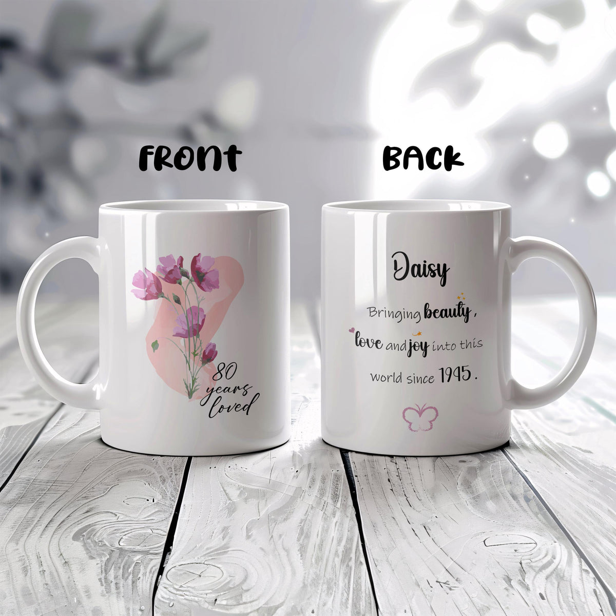 Personalized Birthday Mug, Custom Name and Year Coffee Cup, Floral Ceramic Cup