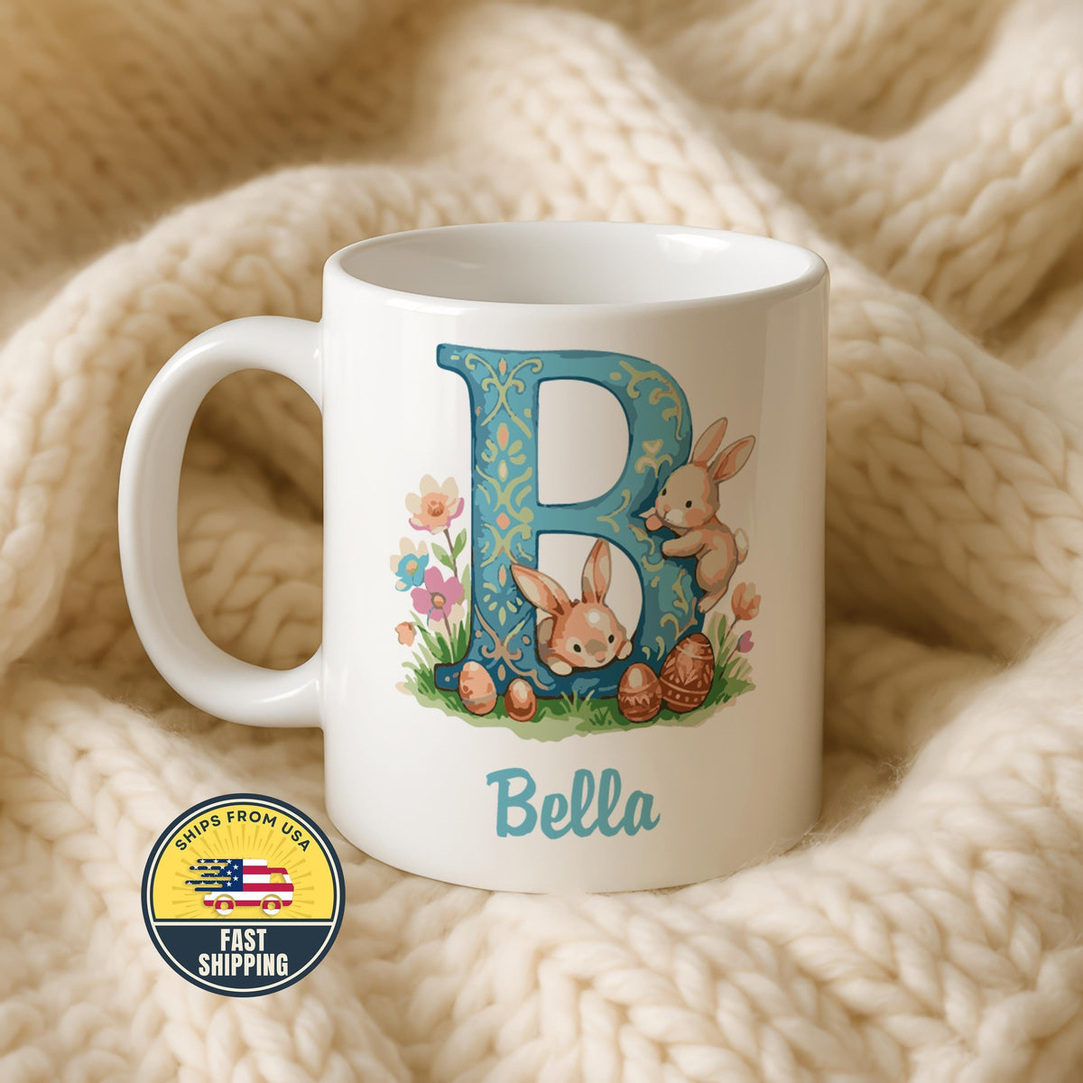 Personalized Bunny Name Mug, Bunny Design Ceramic Cup, Cute Easter Bunny Coffee Mug