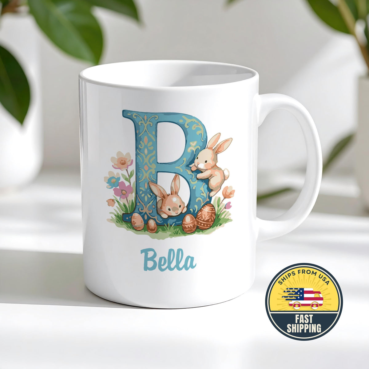 Personalized Bunny Name Mug, Bunny Design Ceramic Cup, Cute Easter Bunny Coffee Mug
