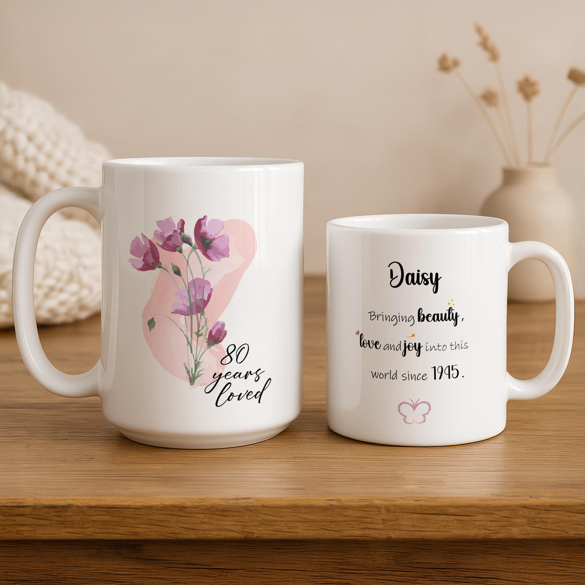 Personalized Birthday Mug, Custom Name and Year Coffee Cup, Floral Ceramic Cup