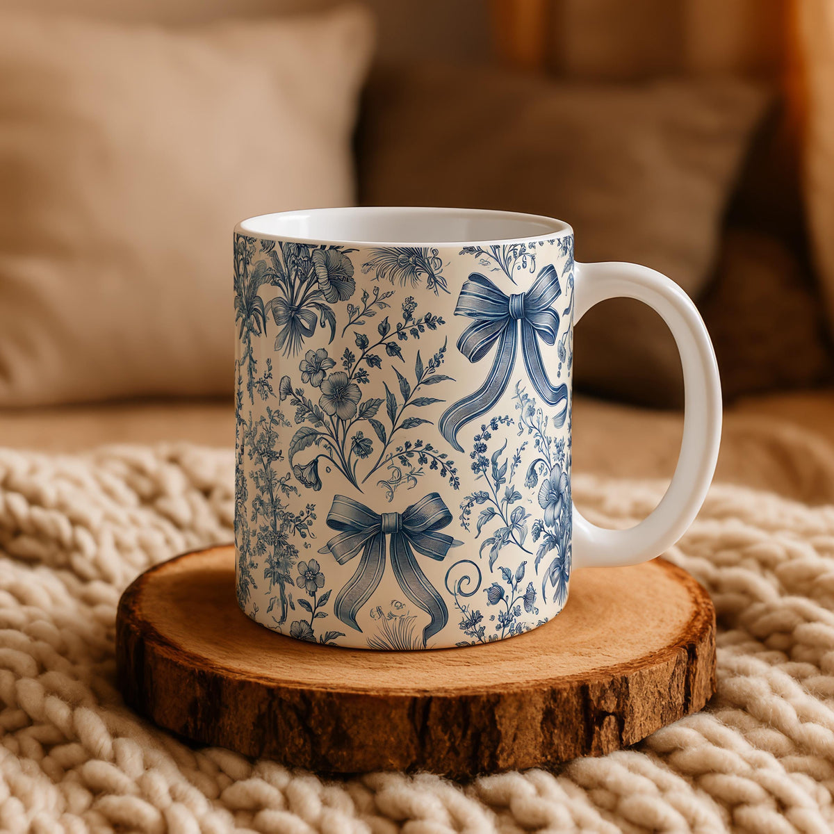 Blue Floral French Toile With Bows Design Coffee Mug, Aesthetic Coquette And Flower Ceramic Cup