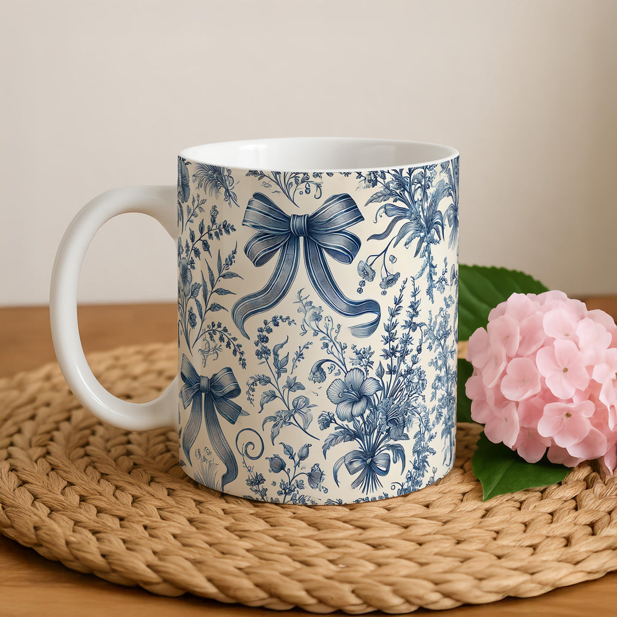 Blue Floral French Toile With Bows Design Coffee Mug, Aesthetic Coquette And Flower Ceramic Cup
