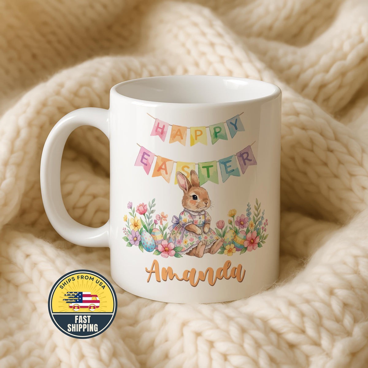 Custom Name Happy Easter Coffee Mug, Cute Easter Bunny Mug, Colorful Custom Bunny Mug