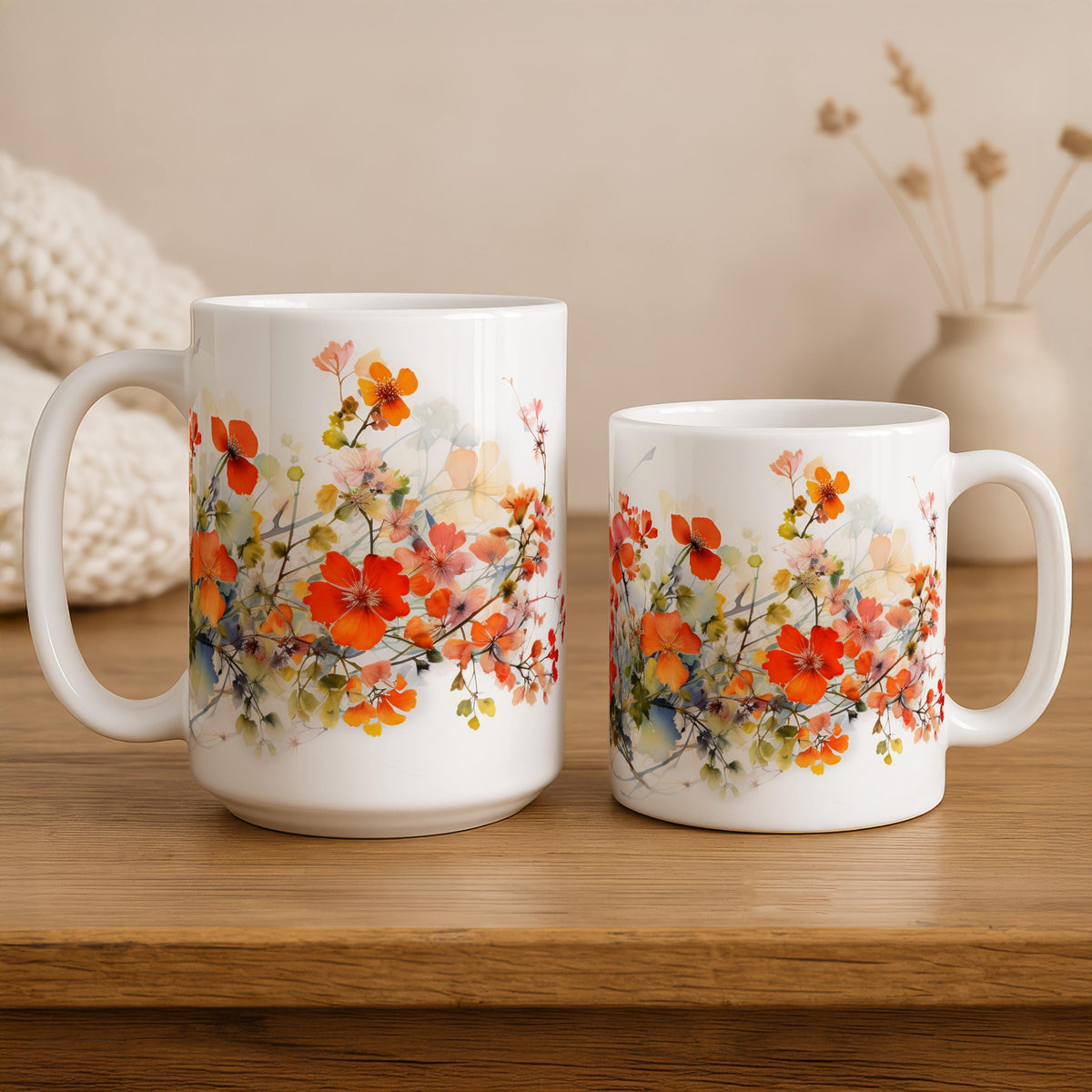 Orange Wildflowers Theme Coffee Mug, Aesthetic Water Color Floral Pottery Tea Cup