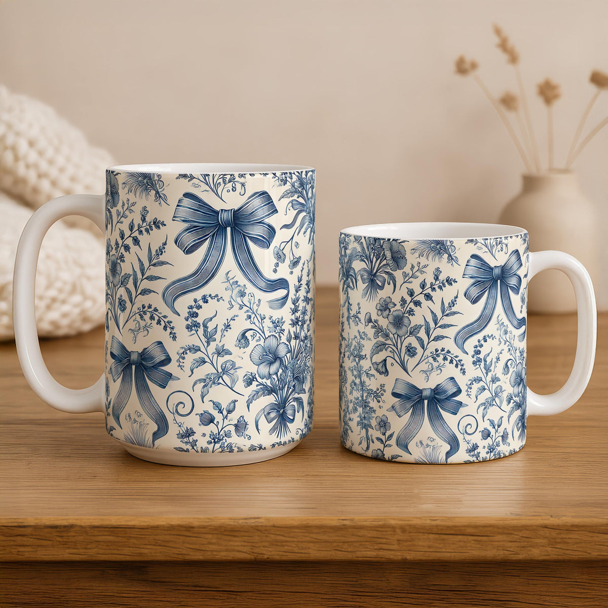 Blue Floral French Toile With Bows Design Coffee Mug, Aesthetic Coquette And Flower Ceramic Cup