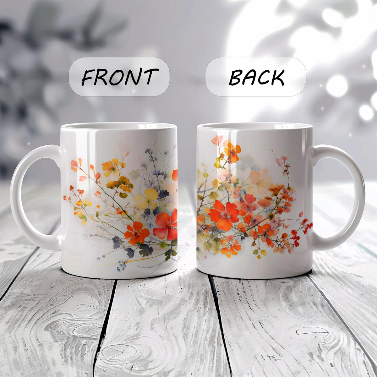 Orange Wildflowers Theme Coffee Mug, Aesthetic Water Color Floral Pottery Tea Cup