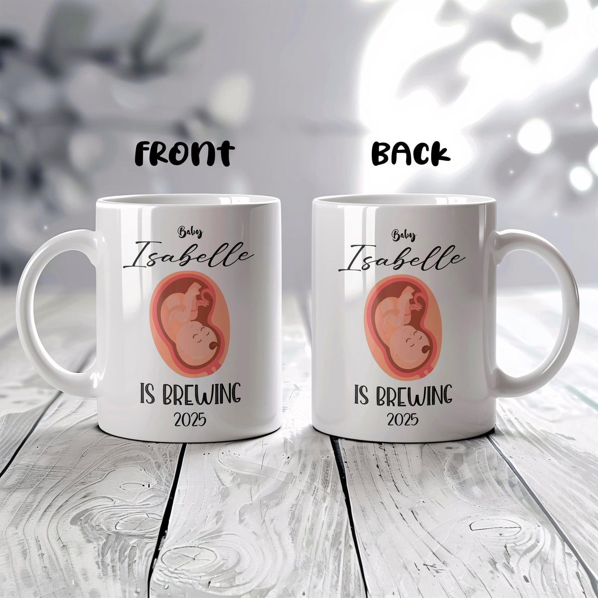 Custom Name Baby Is Brewing Ceramic Mug, Funny Pregnancy Reveal Gift