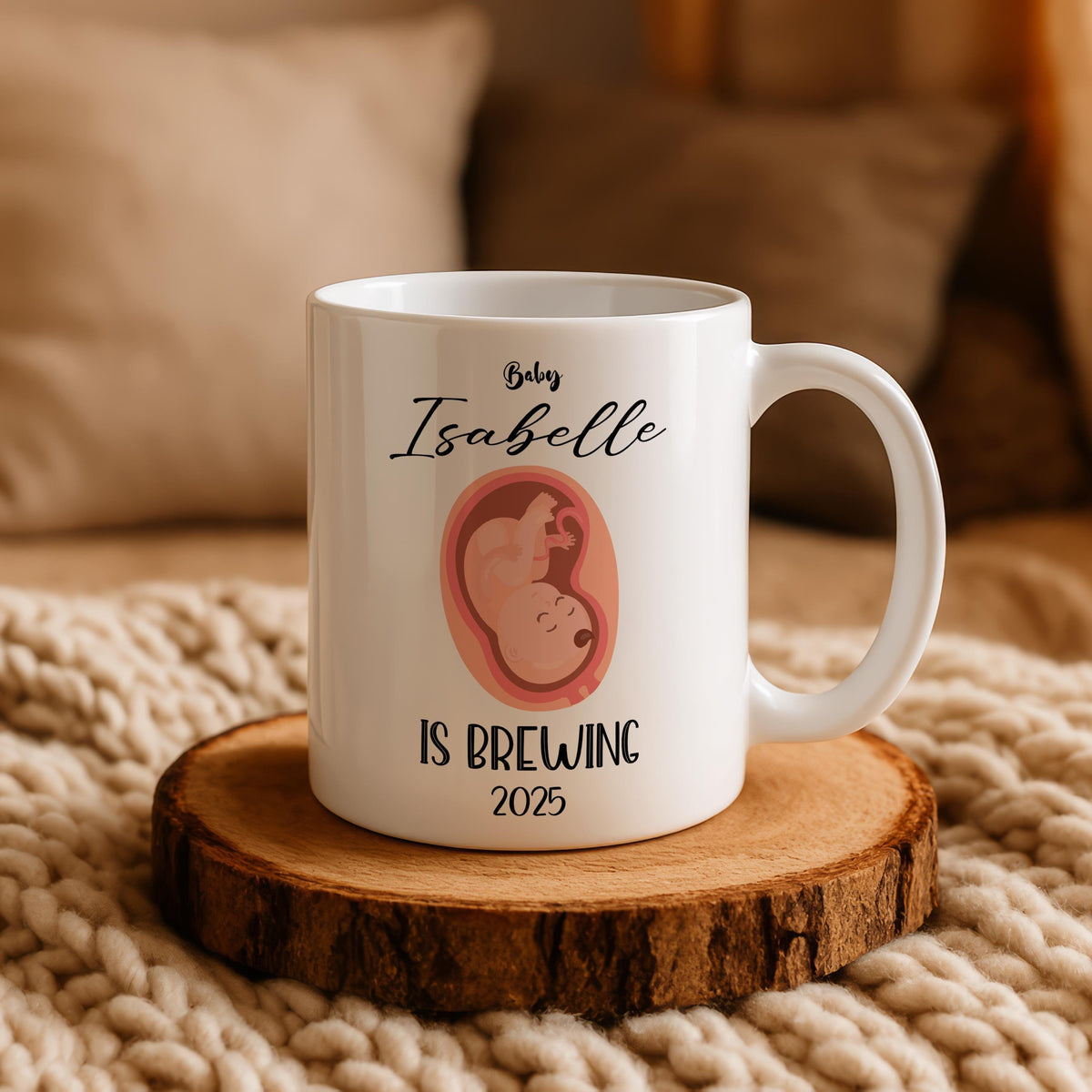 Custom Name Baby Is Brewing Ceramic Mug, Funny Pregnancy Reveal Gift