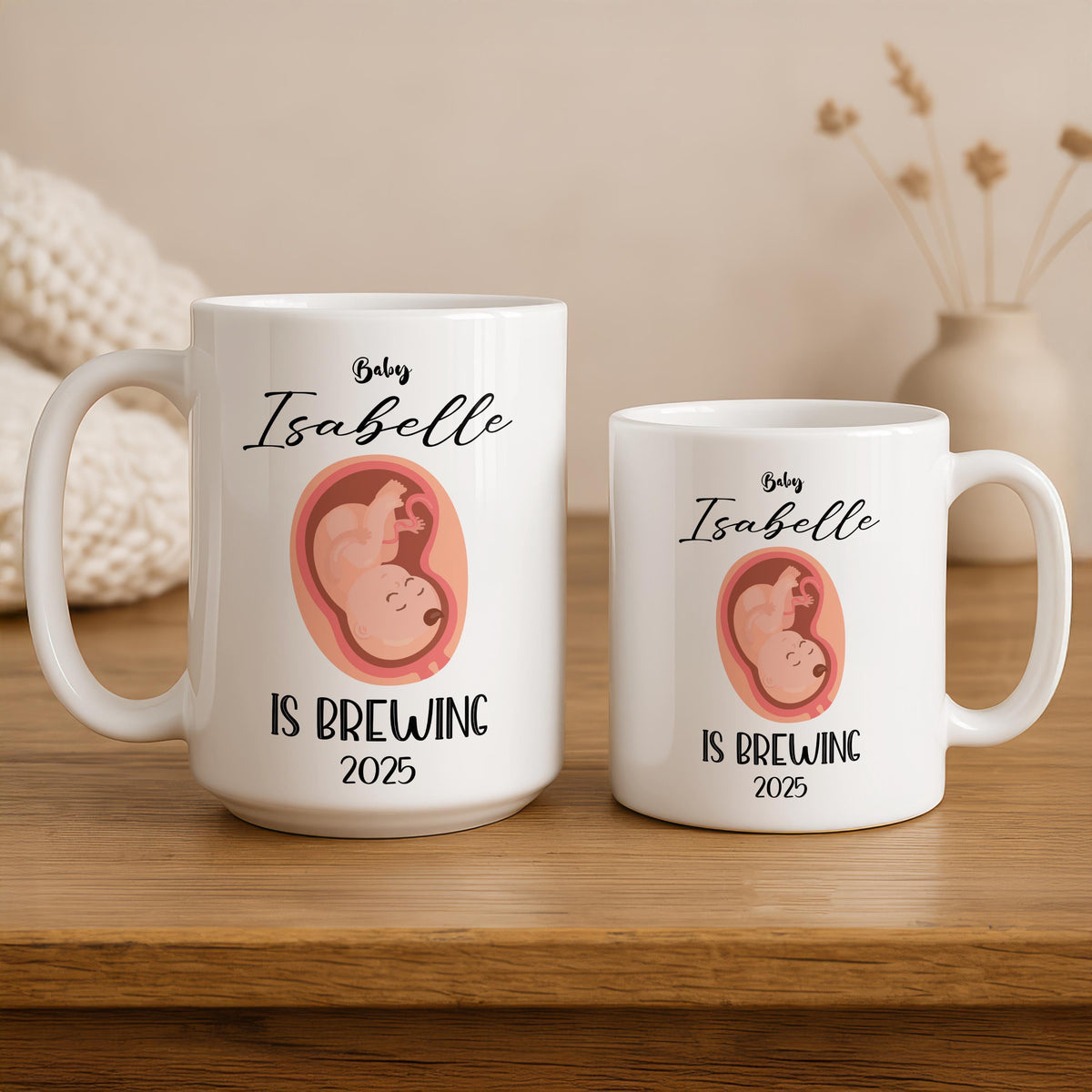 Custom Name Baby Is Brewing Ceramic Mug, Funny Pregnancy Reveal Gift