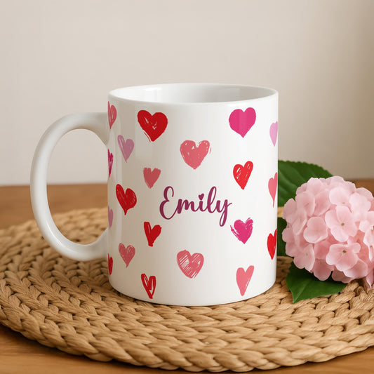 Personalized Pink Love Hearts Design Mug, Custom Name Valentine's Day Gift
