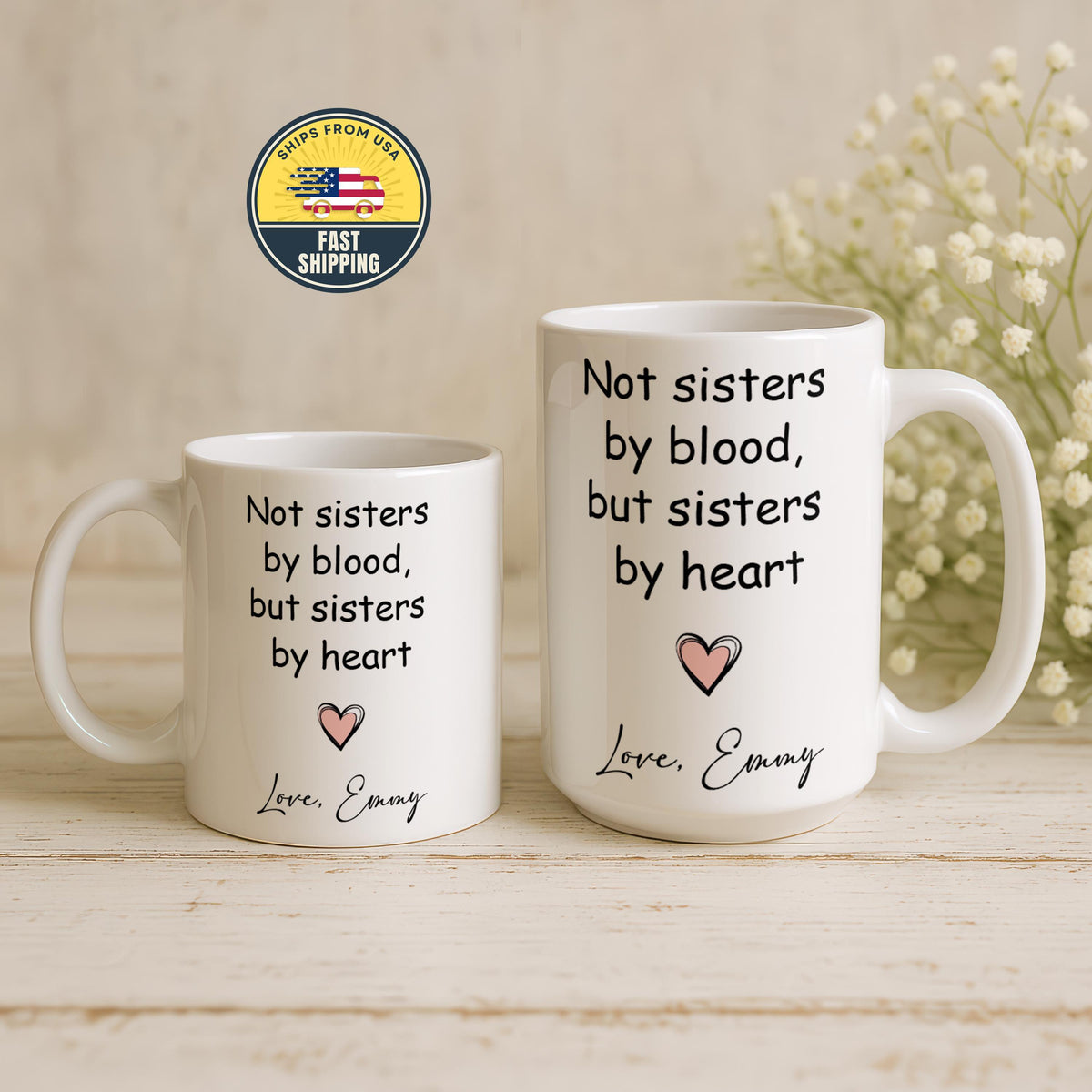Not Sisters By Blood But Sisters By Heart Mug, Personalized Bestie Gift