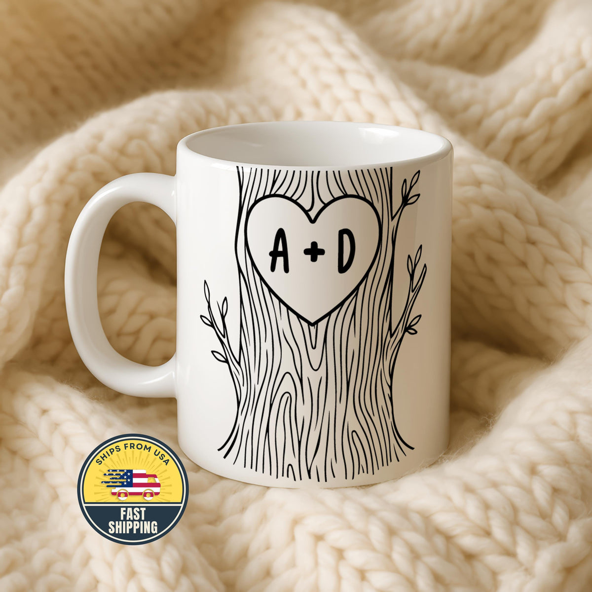 Personalized Couple Tree Mug, Custom Wedding Gift, Carved Initials In A Heart Tree Lover Mug