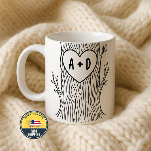 Personalized Couple Tree Mug, Custom Wedding Gift, Carved Initials In A Heart Tree Lover Mug