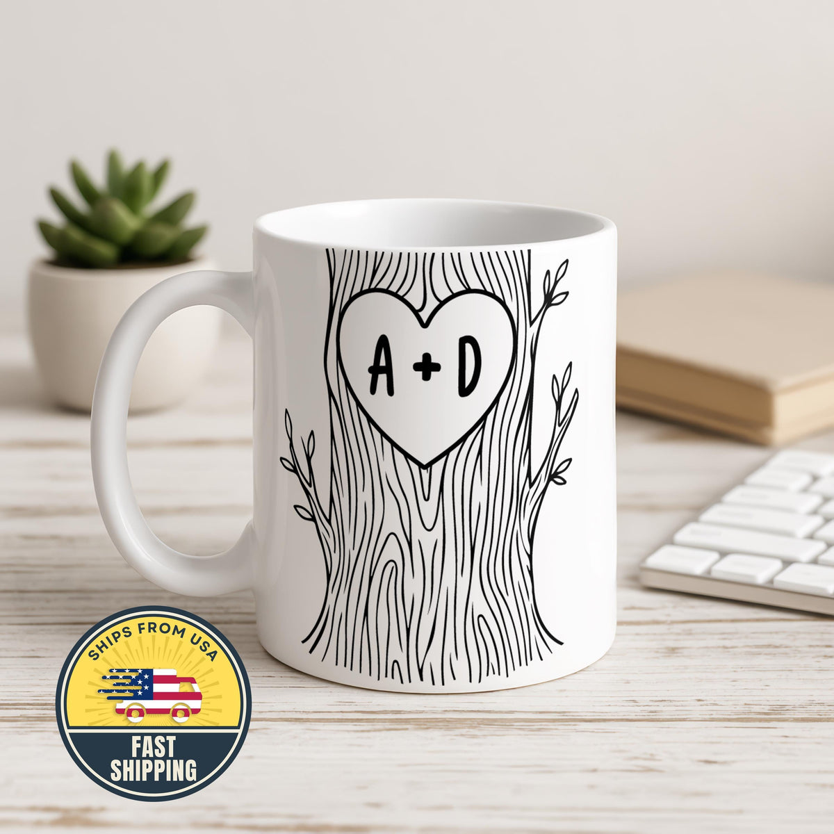 Personalized Couple Tree Mug, Custom Wedding Gift, Carved Initials In A Heart Tree Lover Mug