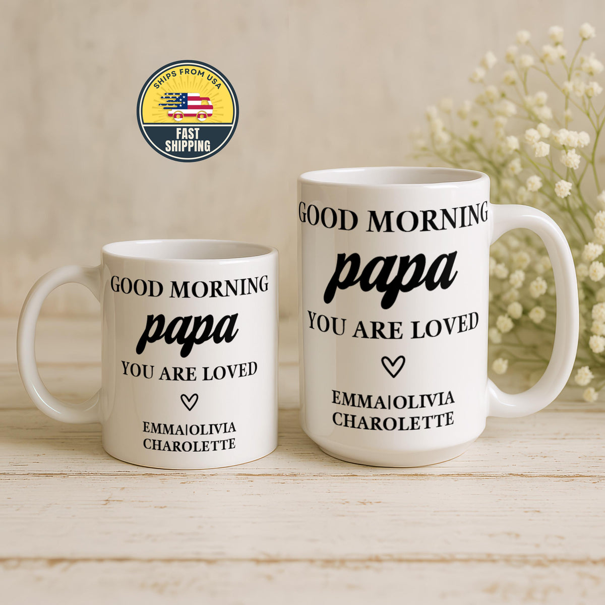 Good Morning Papa Mug, Personalized Coffee Cup with Children Names