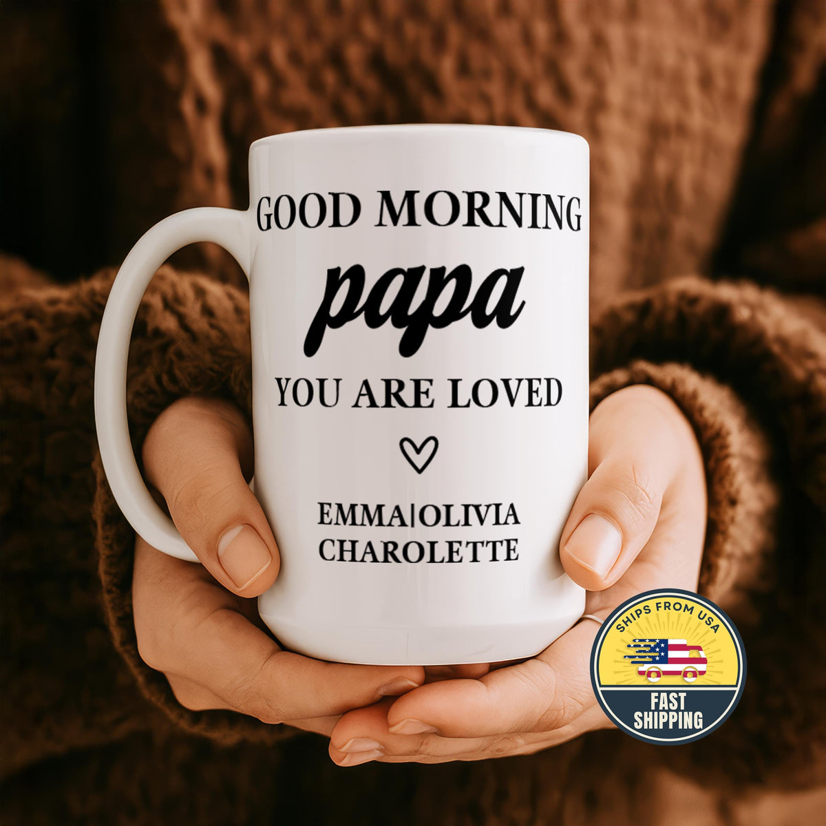 Good Morning Papa Mug, Personalized Coffee Cup with Children Names