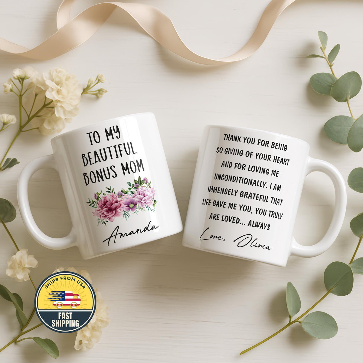 Custom Floral Bonus Mom Mug, Stepmom Mothers Day Gift, Mother’s Day Coffee Mug